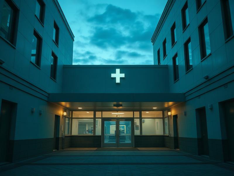 Entrada de hospital ao anoitecer